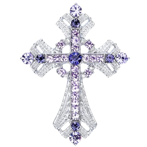 Image of Cross brooches and pins for women Sparkling Aquamarine Clear Crystal Rhinestones Holy Cross Christian Religious Jewelry