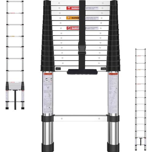 Telescoping Ladder, 14.5FT One Button Retraction Stainless Steel Telescopic Ladder with Non-Slip Feet, Slow Down Design Multi-Purpose Compact Collapsible Extension Ladder for Homeuse RV Attic
