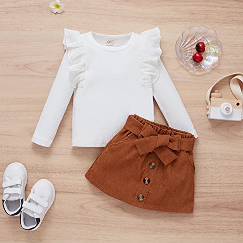 Toddler Kids Skirt Outfit Little Baby Girls Fly Sleeve Knit Pullover Tops + Bowknot Buttoned Corduroy Short Dress Clothes Set (C - White , 6-7 Years ) #TOP1
