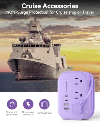 Image of Purple Extension Cord-, 5 FT Kawaii Travel Power Strip, 1250W Cute Extension Cord with 3 AC Outlet 4 USB Desktop Charging Station, Purple Desk Accessories for Cruise Essentials, Travel, Home, Dorm.