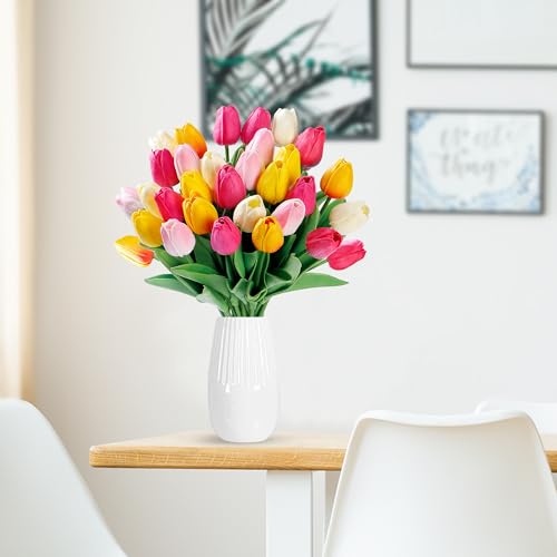 Image of Sggvecsy 30 Pcs Fake Tulips Artificial Flowers Real Touch PU Faux Flowers Tulip Stems for Wedding Spring Bouquet Floral Arrangement Home Office Party Decorations for Mother's Day (Multi Colors)