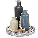 Tiangrid 5 Pcs Rustic Country Tabletop Centerpieces Decor Set of 3 Boho Ceramic Vases with Wooden Serving Tray Wood Bead Garland Tassels Table Holder for Home Decorations(Rustic Color)