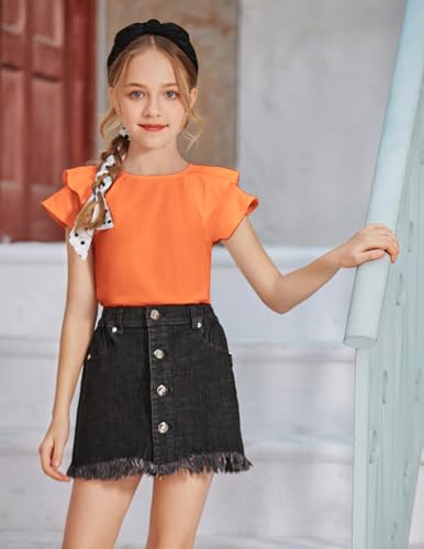 Image of Girls T Shirts Ruffle Short Sleeve Round Neck Loose Blouse Summer Solid Color Casual Girl Tee Tops for 3-12 Years