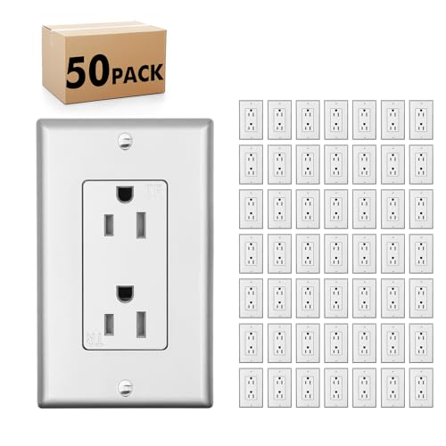 Micmi Silver 15A Decorator Receptacle Outlet, Tamper Resistant, Decorative Electrical Receptacle Outlet, 15Amp 125 Volt, Grounding with Wall Plate UL Listed (50pack, Silver) 15 Amp Outlet Si