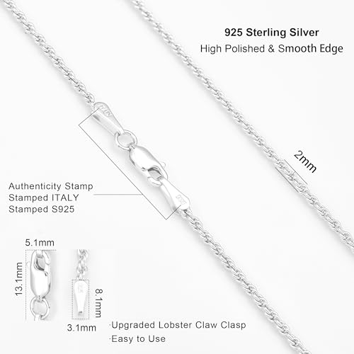925 Sterling Silver Rope Chain Lobster Clasp 2/2.5/3/4/5mm Gold/Silver Chain for Men Women Silver Necklace Chain 16/18/20/22/24/26/30 Inches3
