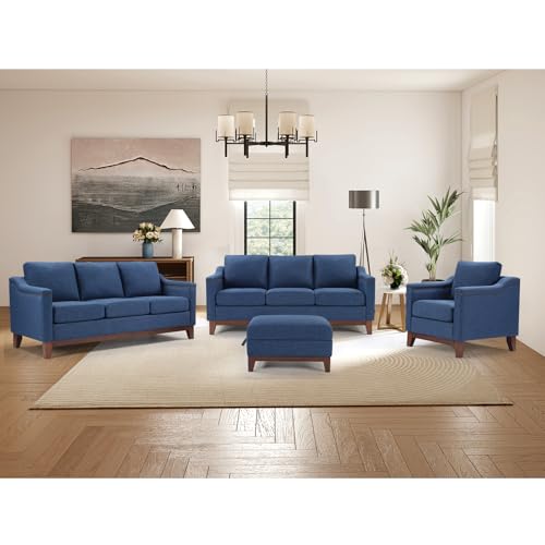 Image of HAOMARKETS 4 Piece Chenille Sofa Set with Nailhead Trim, Included Upholstered Accent Chair with Thicked Cushion, 3 Seater Couch Set of 2 and Storage Ottoman with Flip-Top Table for Living Room, Blue