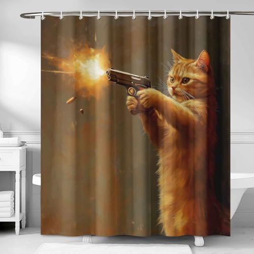 Funny Cat Shower Curtain 72x96 Inches, Pistol Gun Fire Shower Curtains for Bathroom Decor, Lovely Kitten Bathtub Curtain Water Repellent with Hooks