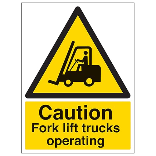 Image of V Safety Caution Fork Lift Trucks Operating - Portrait 300 x 400 mm - Self Adhesive Vinyl - Aluminium Effect Safety Sign
