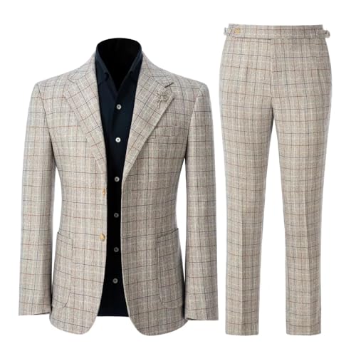 Men's 2 Pieces Slim Fit Plaid Suits Single Breasted Wedding Party Checked Tuxedo Blazer Jacket Pants Suit Set