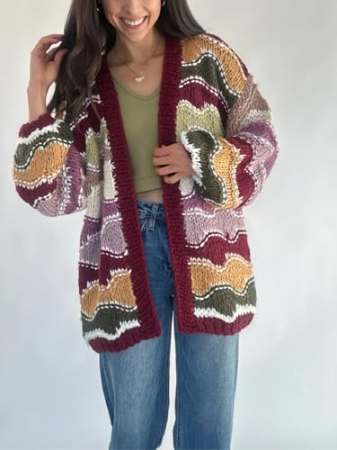 CHARTOU Women Color Block Stripes Sweater Cardigan Fall Oversized Open Front Long Sleeve Knit Outwear Coat4