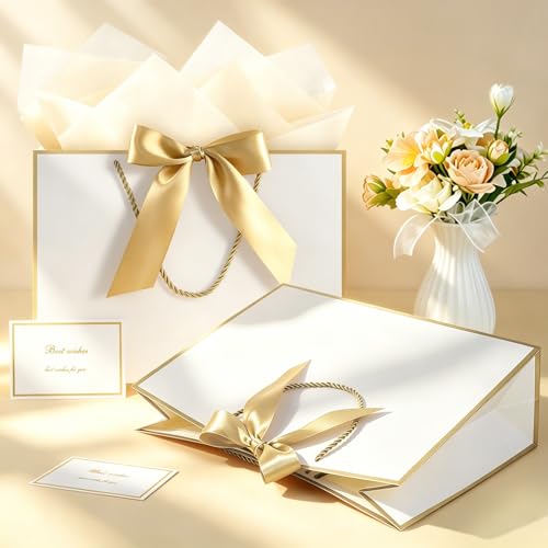 Image of JMANNI Gift Bags with Handles, 13 inch Medium Gift Bag for Presents, 1 Pcs Bags with 2 Tissue Paper and 1 Cards for Graduation Baby Shower Wedding Fathers Day Mother's Day Birthday Party(white-gold)
