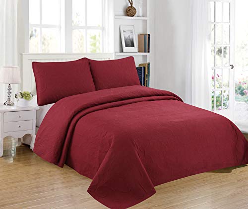 Sapphire Home 3-Piece Full/Queen Oversize Bedspread Coverlet Bedding Set w/2 Shams, Soft Touch, Solid, Stylish Embossed Pattern, All-Season Oversize Comforter Bed Cover, Emma Queen Burgundy