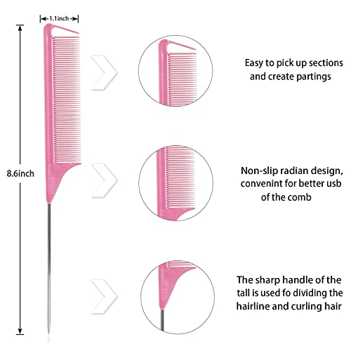 image for Kunihiko Rat Tail Combs Set - 3 Pack Long Steel Pin Combs for Hair Sty