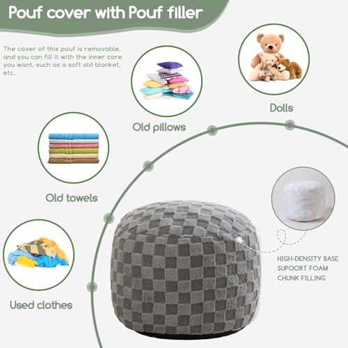 image for HIGOGOGO Round Stuffed Pouf Ottoman, Plaid Poufs with Foam Chunk Filli