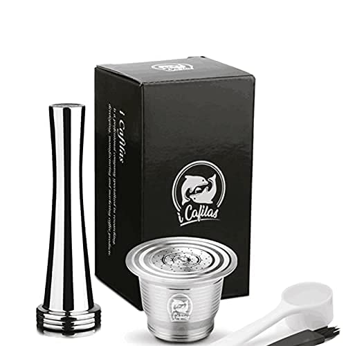 Reutilizable Recargable Café Cápsula Inoxidable Acero Metal Café Cápsula Recargable Vainas por Nespresso Máquina con 1 Cuchara y 1 Cepillo y 1 Pisón Cover