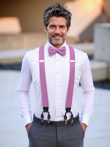 Image of Hi-Tie Light Purple Suspender Bowtie for Men Adjustable Y-Shape 6 Clips Trouser Braces Pre-Tied Bow Tie with Handkerchief Cufflinks