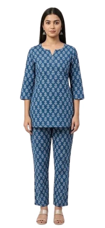 Women's Cotton Night Suit Co-ord Set, Blue Floral Print, Loungewear with Top and Pant-picture-53
