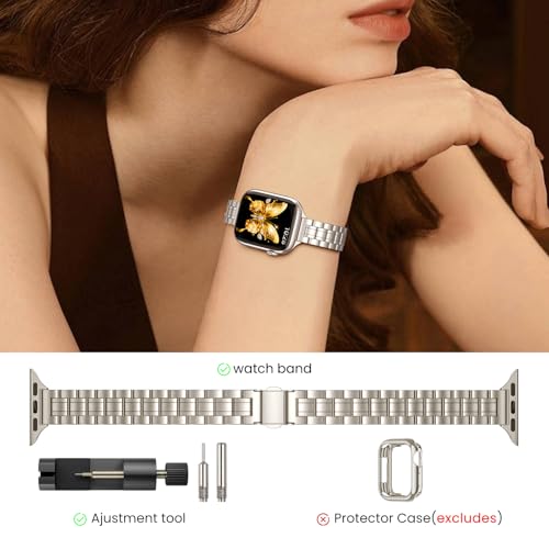 Image of STIROLL Thin Replacement Band Compatible for Apple Watch 38mm 40mm 41mm 42mm(Series 11 10), Stainless Steel Metal Wristband Women Men for iWatch Ultra SE Series 9 8 7 6 5 4 3 2 1, Starlight