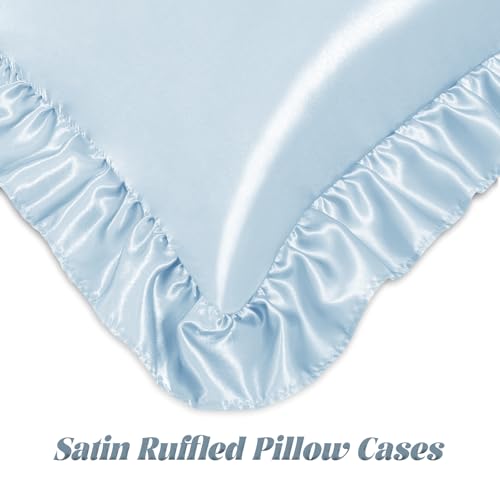 Image of Homiest Baby Blue Full Ruffle Pillowcase & Satin Fitted Sheet Set 3Pcs | Silky Satin Protects Hair And Skin, 15-Inch Deep Pocket, Pearlescent Airy Serene Feel, Easy Machine Wash Care