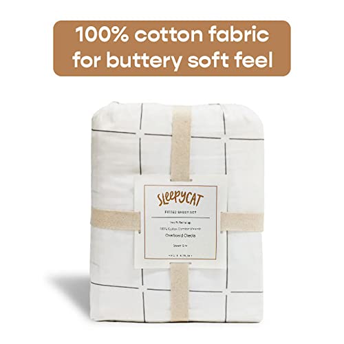 Image of SleepyCat Printed Fitted Bedsheet Set 100% Cotton 200TC Percale Combed Yarn with a Durable Elastic & AZO Free with 2 Standard Size Pillow Cases (Queen Size 78x60) Overboard Check