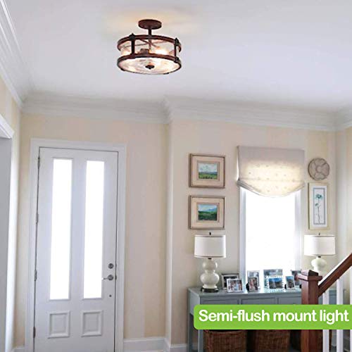 3 Light Close To Ceiling Light, Industrial Semi Flush Mount Light Fixture With Bubble Glass Lampshade, Black & Faux Wood Metal, For Entry, Hallway, Bedroom (Bulb Not Included) #TOP2