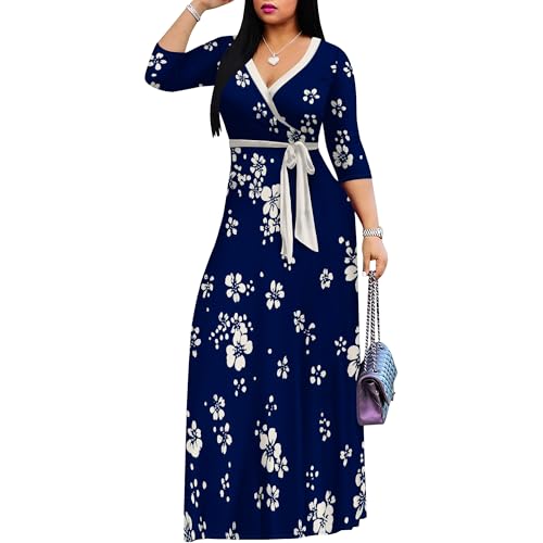 Image of PinkPatty Plus Size Maxi Dresses for Women Casual Flowy Long Dress 3 /4 Sleeve V Neck Wrap Dress with Belt