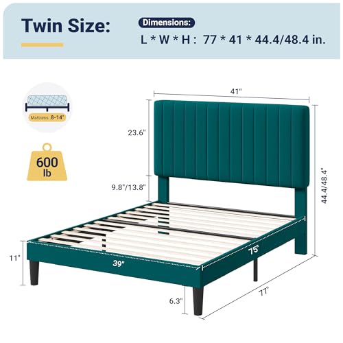 Image of Allewie Twin Bed Frame, Velvet Upholstered Platform Bed with Adjustable Vertical Channel Tufted Headboard, Mattress Foundation with Strong Wooden Slats, Box Spring Optional, Easy Assembly, Teal