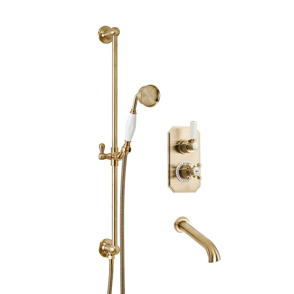 Milano Brushed Brass Elizabeth Thermostatic Mixer Valve Riser Rail Bath Spout