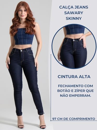 Calça Jeans Feminina Sawary Skinny Lycra Elastano Original Cintura Alta Elegante Premium (BR, Cintur