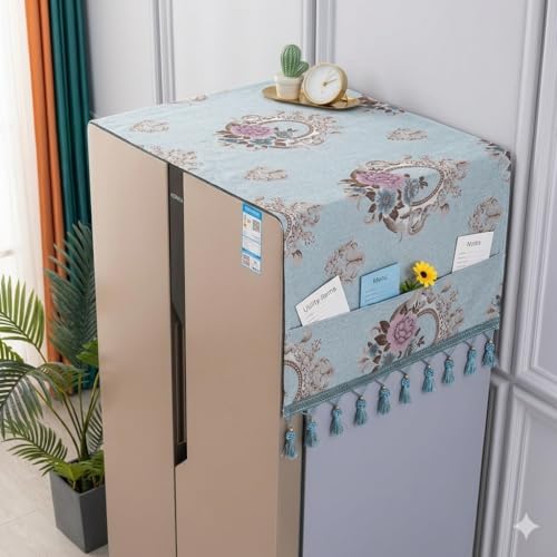 Image of Fridge Top Cover by Motira - Double Door & French Door Protector, Floral Embroidery with 6 Pockets 65 x 170 CM (Peacock Green).