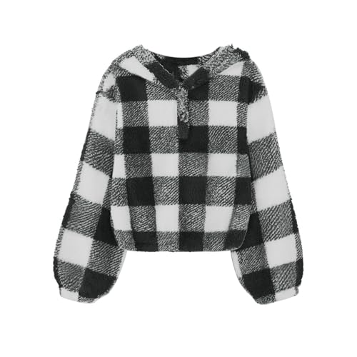 Kids Girls Fuzzy Buffalo Plaid Fleece Jackets Long Sleeve V Neck Button Down Sweatshirts Autumn Soft Warm Pullover Coats