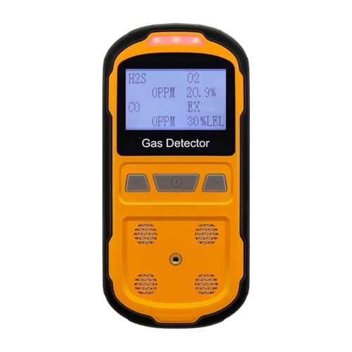 Scondaor Detector de fugas de gas para H2S CO O2 y LEL, detector de gas múltiple portátil con alarmas audibles, visuales y de vibración, monitor de gas 4 en 1, pantalla LCD digital (naranja)