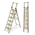 WOA WOA 6 Step Ladder, Lightweight Folding Ladder with Non-Slip Wide Pedals, Ladder with Safe Grip Handle, Easy to Open and Close, Suitable for Home and Outdoor - Gold