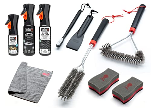 Weber Reinigungsset für Emaille-Grills, enthält: 3X Grillbürsten, Grillrost- & Emaille-Reiniger (jeweils 300ml), Non-Stick Spray 200ml, Mikrofasertuch, Schaber, 2 Reinigungsschwämme (18284)