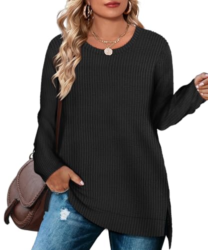 Image of RITERA Plus Size Women Sweaters Waffle Knit Pullover Top Long Sleeve Casual Crewneck Shirt Loose Split Hem Fall Winter Blouse
