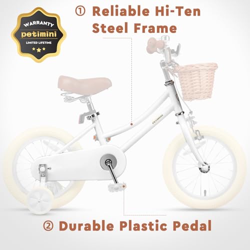 Image of Petimini Vintage Kids Bike for Girls, 12-20 Inch Classic Bicycle with Wicker Basket & Bell, High Tensile Steel Frame, Training Wheels (12-18 inch), 85% Pre-Assembled, Retro Bike for Outdoor Riding