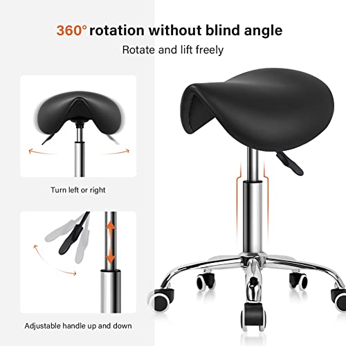 KKTONER Rolling Saddle Stool PU Leather Swivel Adjustable Rolling Stool with Wheels Salon Chair Black by KKTONER - Image 4