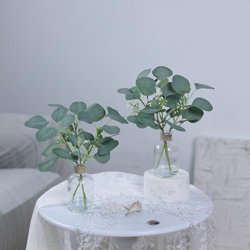 Zheart-2-Pack-Small-Fake-Plants-Eucalyptus-PottedArtificial-Eucalyptus-Stems-in-Glass-Vase-with-Faux-Water-for-Shelf-Desk-Bathroom-Farmhouse-Room-Office-Coffee-Table-Kitchen-Home-Decor-Green