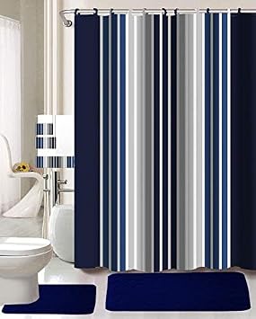 YHSF 18-Piece Bathroom Set 2-Rugs/mats, 1-Fabric Shower Curtain, 12-Fabric Covered Rings, 3-pc. Decorative Towel Set Navy Stripe