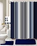 YHSF 18-Piece Bathroom Set: 2-Rugs/mats, 1-Fabric Shower Curtain, 12-Fabric Covered Rings, 3-pc. Decorative Towel Set (Navy Stripe)