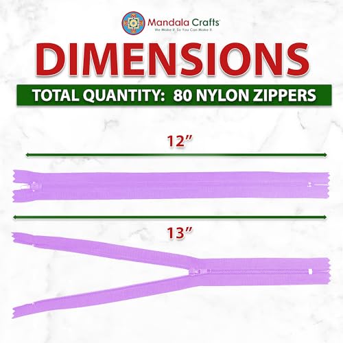 Image of Mandala Crafts 80 PCs Lilac Closed-End 12 Inches Nylon Zippers for Sewing