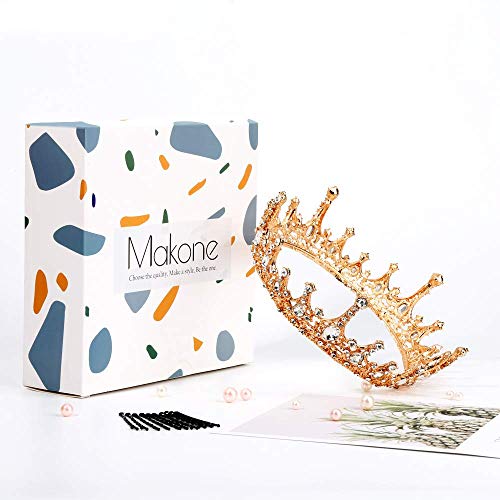 Makone Queen Crown for Womens Gold Tiara with Clear Rhinestone for Halloween Birthday Girls Prom Halloween Bridal Party - Gold