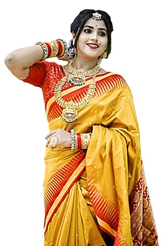 Image of NEW COLLECTION Women's Odisha Handloom Sambalpuri Pata Saree Temple Border Pasapalli Bomkai Buti Boyanika Design Saree Banarasi Soft Papa Silk Simple Ethnic Orissa Sari with Blouse Piece