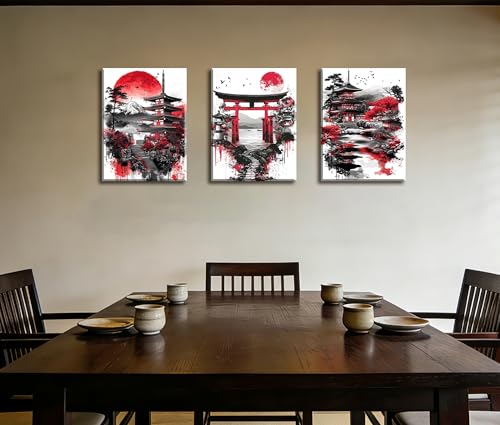 Image of Frimeeme 3 Pieces Japanese Canvas Wall Art,12x16 Inch Each | Japanese Landscape Painting Prints, Red and Black Cherry Blossom Trees Building Pictures, Living Room Office Decor