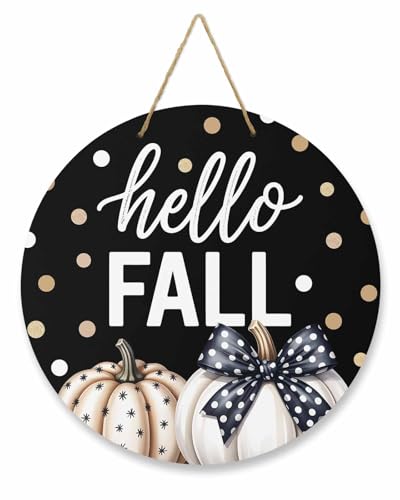 Fall Welcome Sign White Pumpkin Door Sign Thanksgiving Decorations Polka Dot Black Round Wooden Wreath for Front Door Outside Porch Wall Hanging Decor 12 Inch