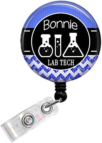 Personalized - Lab Tech with Beakers - Blue - Glitter Chevron - Button Badge Reel - BR0031