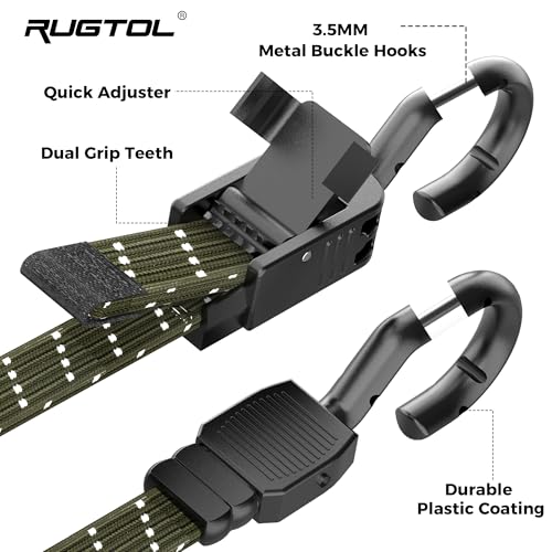Image of Rugtol Bungee Cords with Hooks, 48 Inch Long Adjustable Flat Bungee Straps with Upgraded Quick Release Buckle, Black Green Easy Adjust Elastic Cords with Metal Hooks for Bike, Outdoor, Tarp, 6 Pack