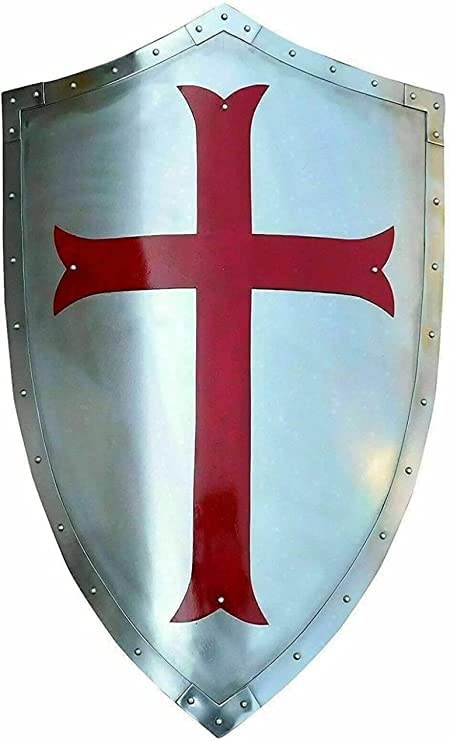 Bouclier templier médiéval en acier avec croix rouge réplique armure argentée