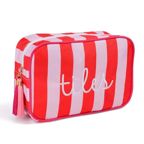 Mahjong Tile Bag - Red & Pink Striped Embroidered Case for 166 American Mahjong Tiles (1.2) Portable Zippered Travel & Board Game Storage Pouch for Mahjong Lovers Party & Gathering (Case Only)