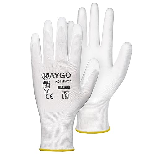 Image of KAYGO Safety Work Gloves for Men Women, PU Coated Palm & Fingers, KG11P | Smooth Grip, Breathable & Lightweight, 13-Gauge Seamless Knit, for Light Warehouse, Manufacturing, Gardening